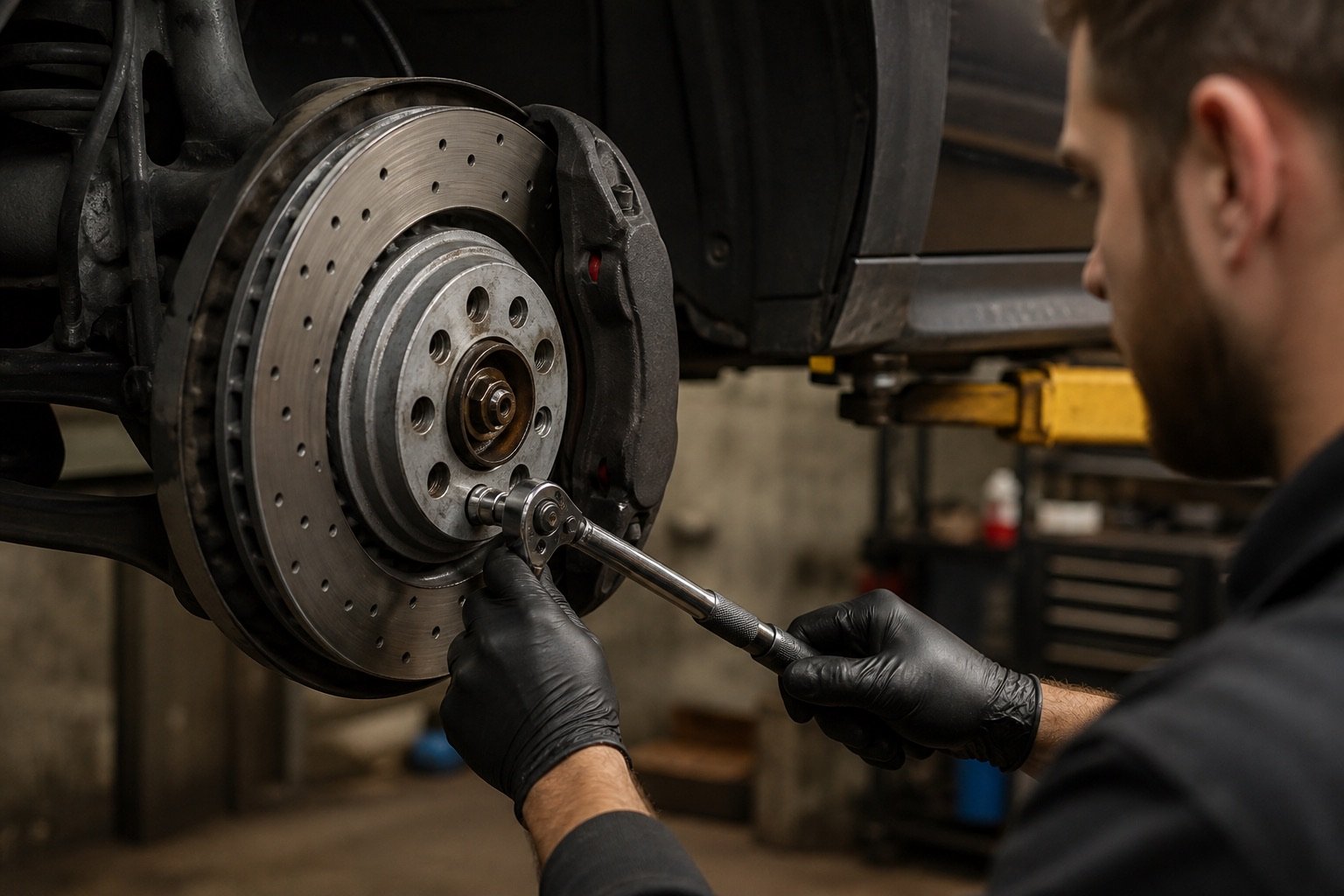 Technician torquing brake hardware on a ventilated rotor