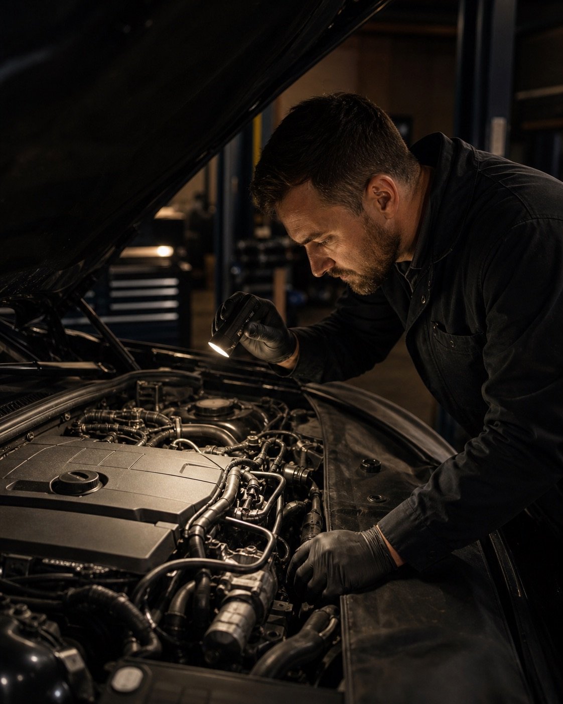 Technician inspecting a clean engine bay with a work light