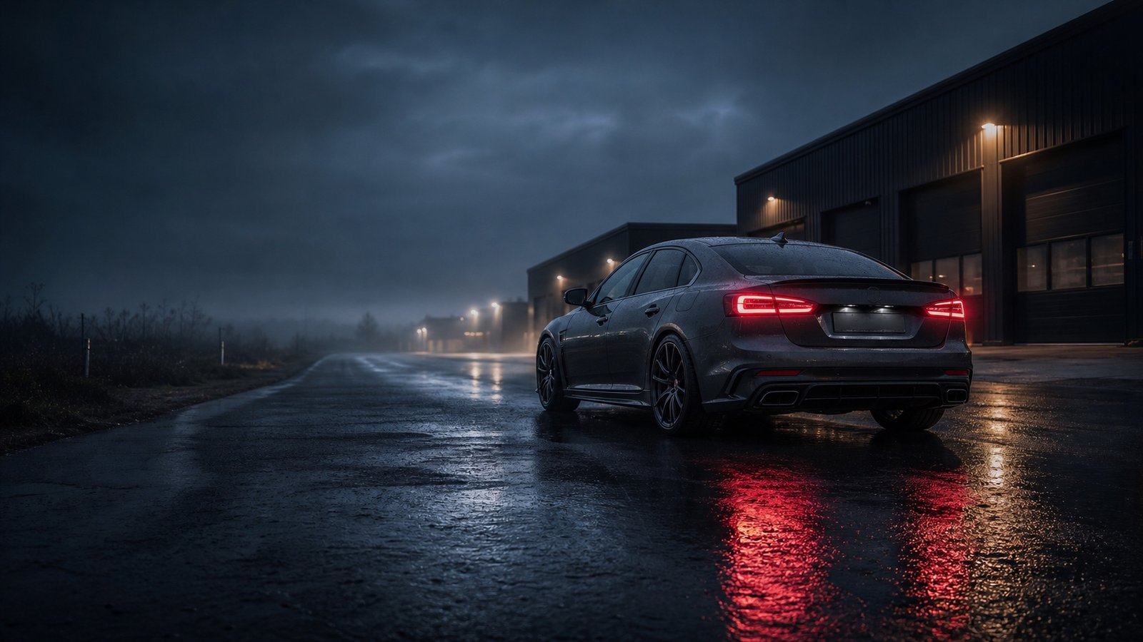 Graphite performance sedan on a wet road during a final verification drive