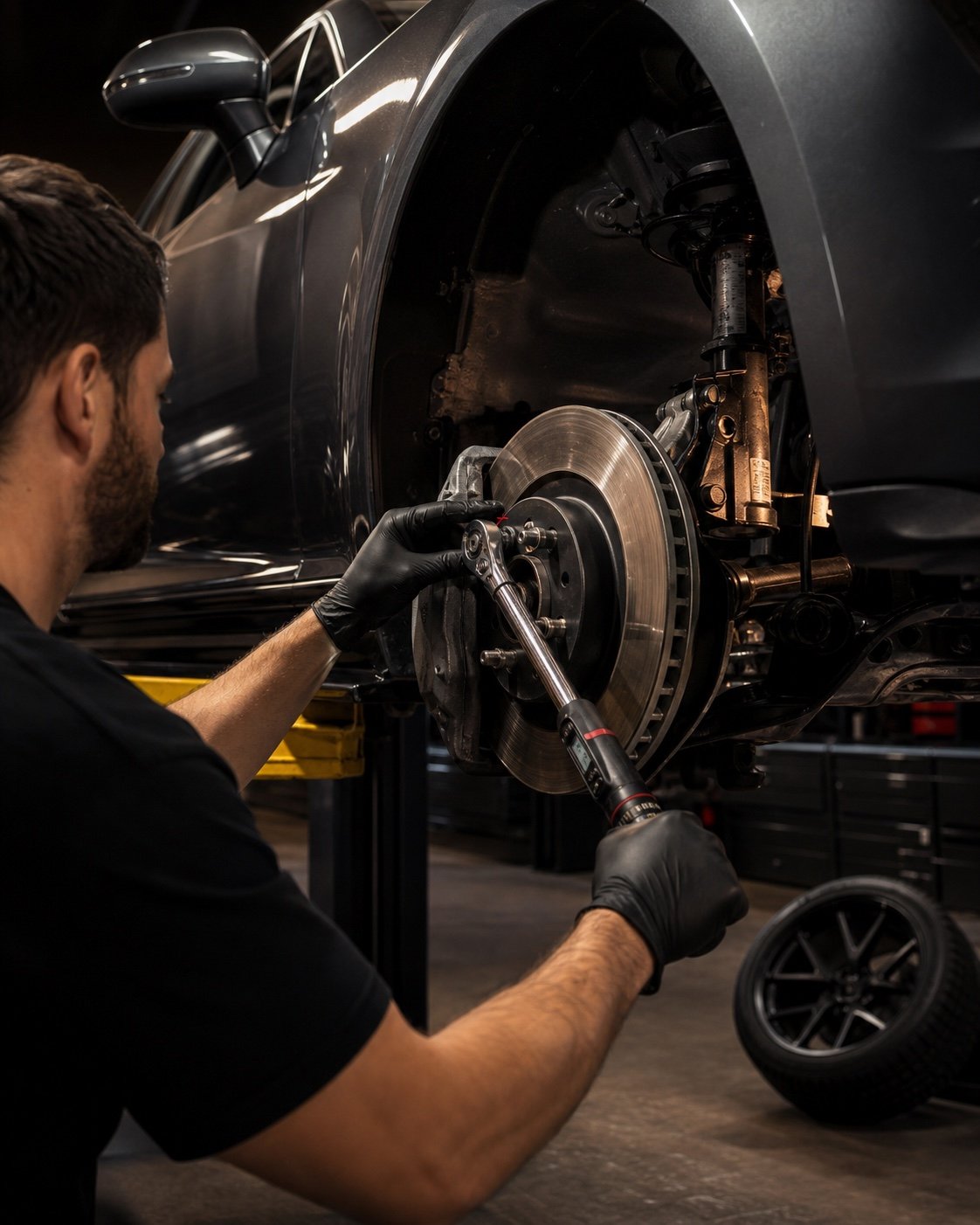 Blacktop Garage technician completing a final torque check on brake and suspension hardware